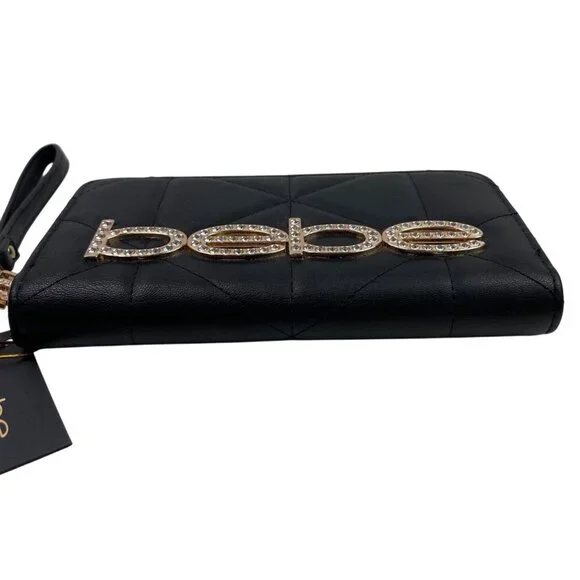 Bebe Black Quilted Wristlet Wallet With Gold Rhinestone Logo Zip Closure & Strap - Picture 4 of 11